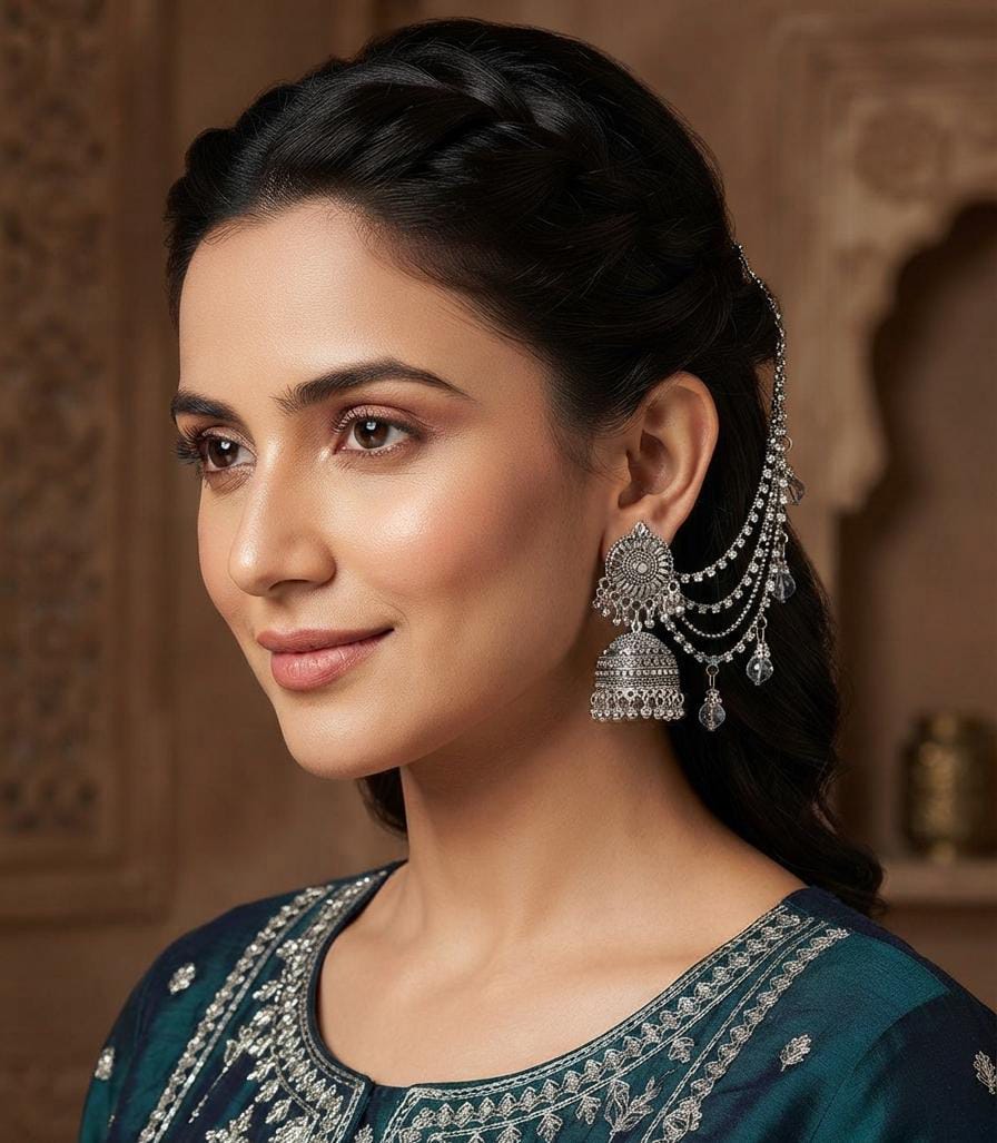 Oxidized Silver Layered Chain Jhumka Earrings - View 4 - Win Bachat