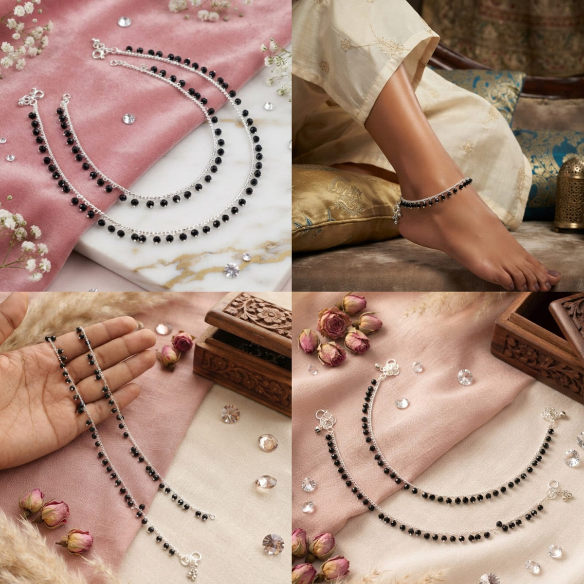 Black Beaded Silver-Tone Layered Anklet Set - View 5 - Win Bachat