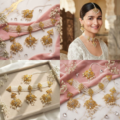 Pearl Choker Jewellery Set with Gold-Tone Kundan Details - View 3 - Win Bachat