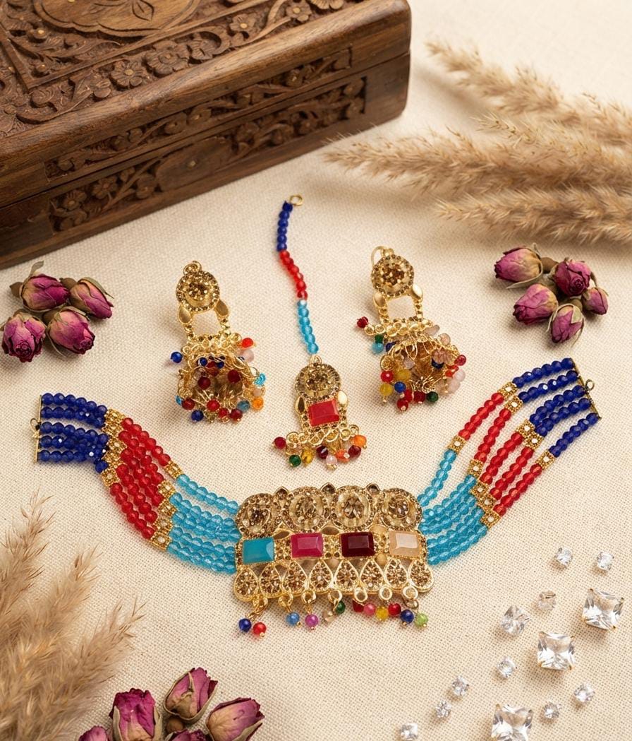 Multicolour Beaded Choker Set with Statement Earrings & Maang Tikka - View 2 - Win Bachat