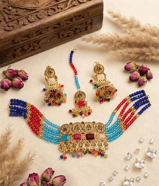 Multicolour Beaded Choker Set with Statement Earrings & Maang Tikka - View 2 - Win Bachat