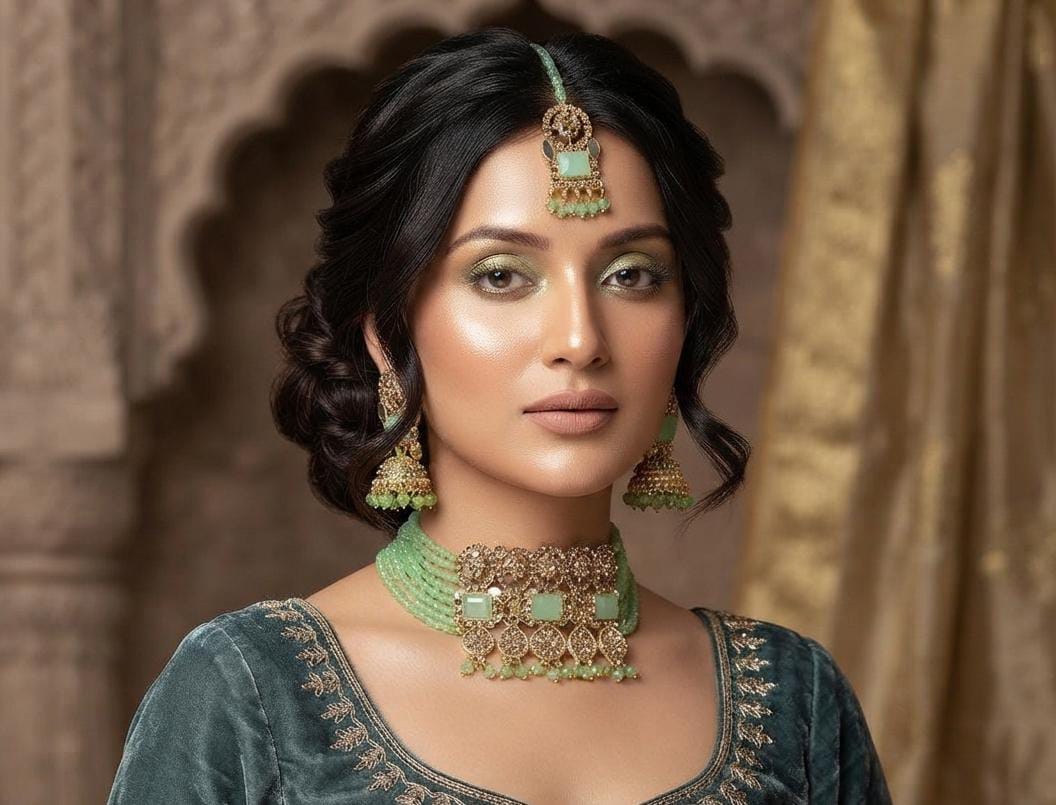 Mint Green Beaded Choker Jewellery Set with Jhumka Earrings & Maang Tikka - Win Bachat