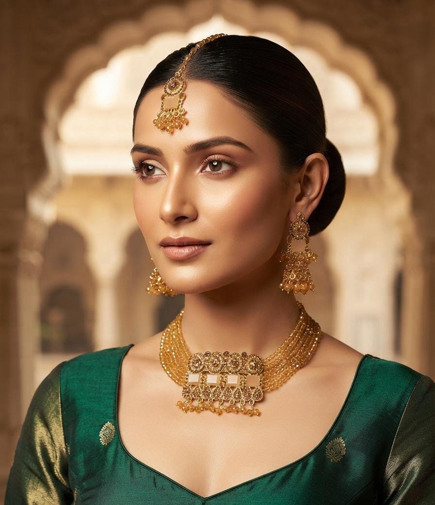 Amber Gold Beaded Choker Set with Jhumka Earrings & Maang Tikka - Win Bachat