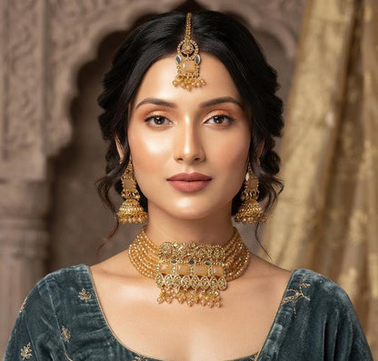 Amber Gold Beaded Choker Set with Jhumka Earrings & Maang Tikka - View 2 - Win Bachat