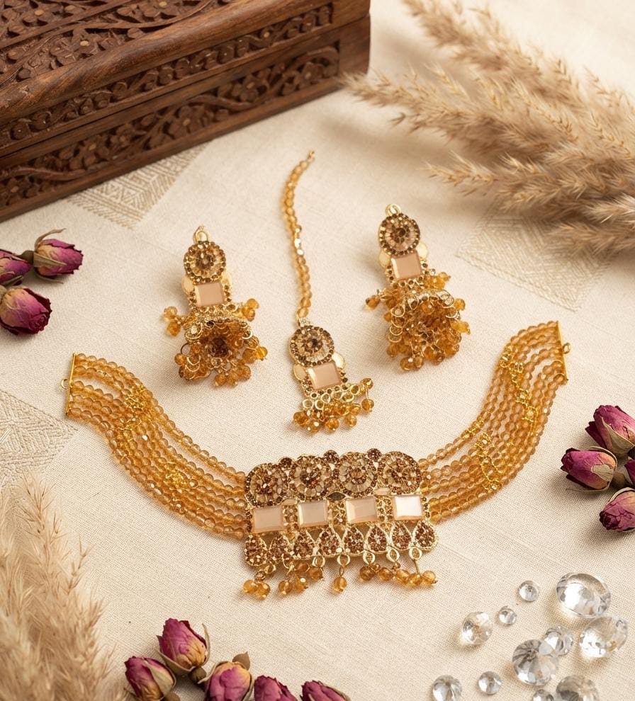 Amber Gold Beaded Choker Set with Jhumka Earrings & Maang Tikka - View 3 - Win Bachat