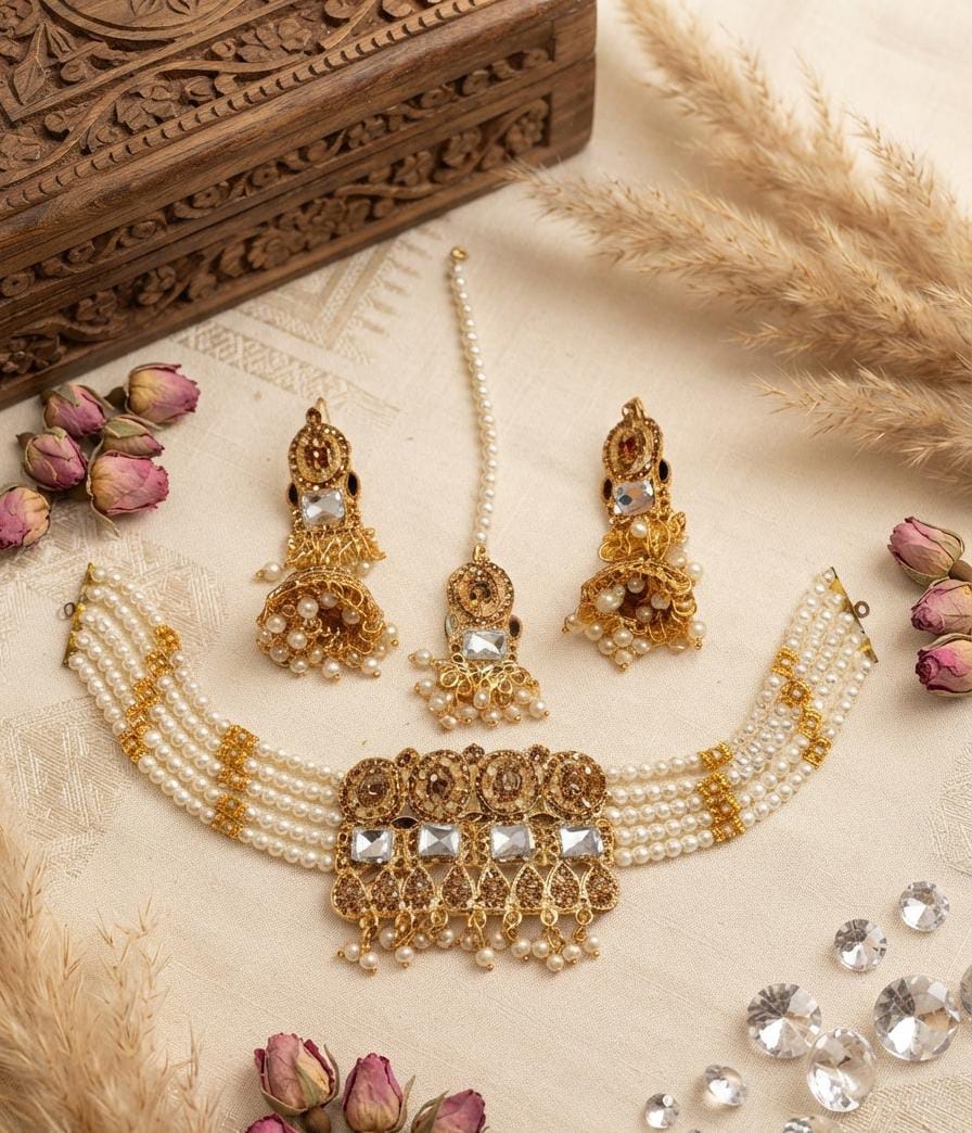 Pearl Beaded Choker Set with Jhumka Earrings & Maang Tikka - View 2 - Win Bachat