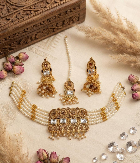 Pearl Beaded Choker Set with Jhumka Earrings & Maang Tikka - View 2 - Win Bachat