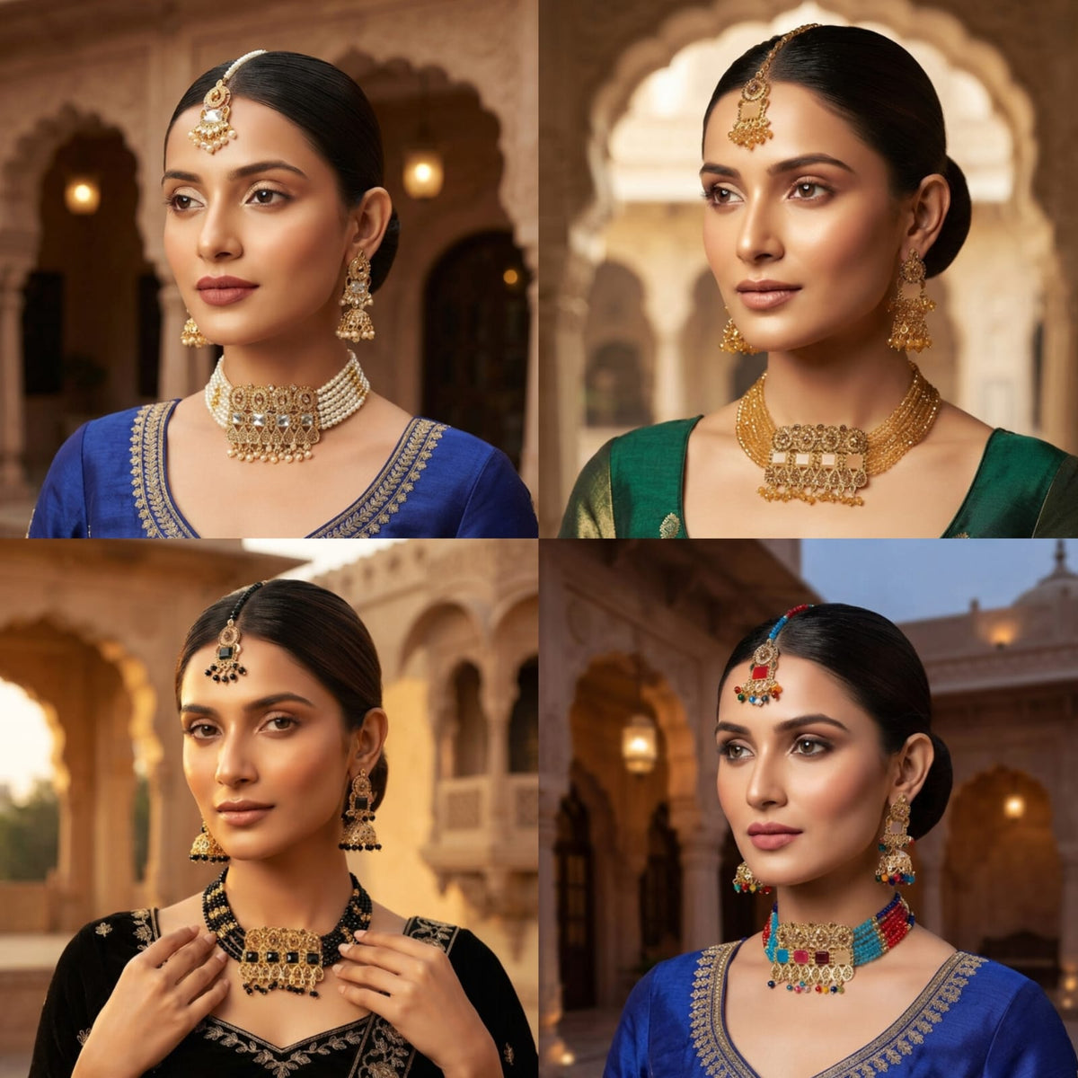 Pearl Beaded Choker Set with Jhumka Earrings & Maang Tikka - View 3 - Win Bachat