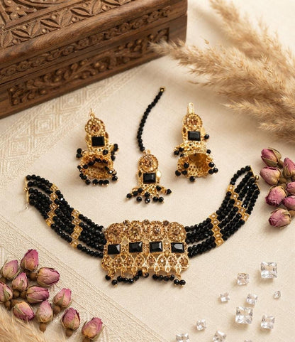 Black Crystal Stone Beaded Choker Set with Jhumka Earrings & Maang Tikka - Win Bachat