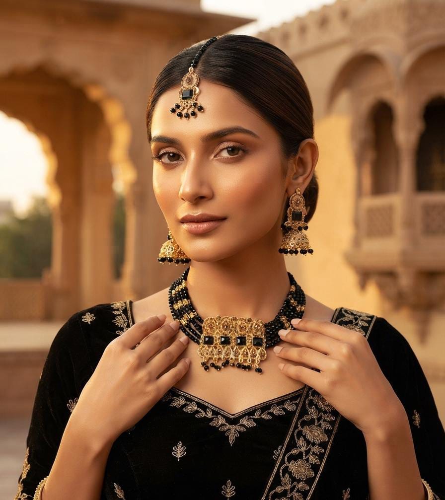 Black Crystal Stone Beaded Choker Set with Jhumka Earrings & Maang Tikka - View 2 - Win Bachat