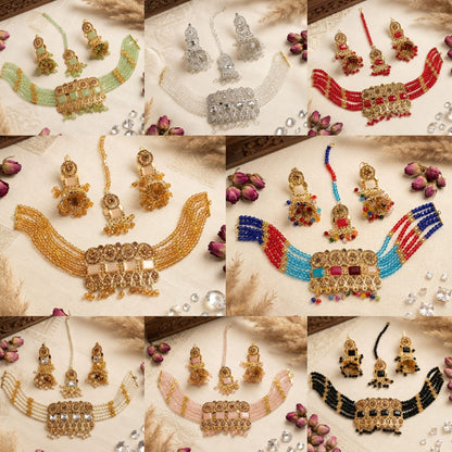 Black Crystal Stone Beaded Choker Set with Jhumka Earrings & Maang Tikka - View 3 - Win Bachat
