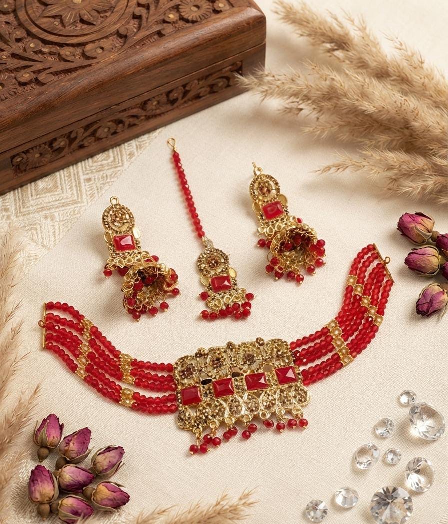 Red Beaded Choker Jewellery Set with Jhumka Earrings & Maang Tikka - Win Bachat