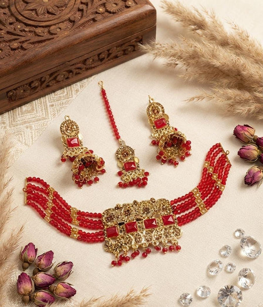 Red Beaded Choker Jewellery Set with Jhumka Earrings & Maang Tikka - Win Bachat