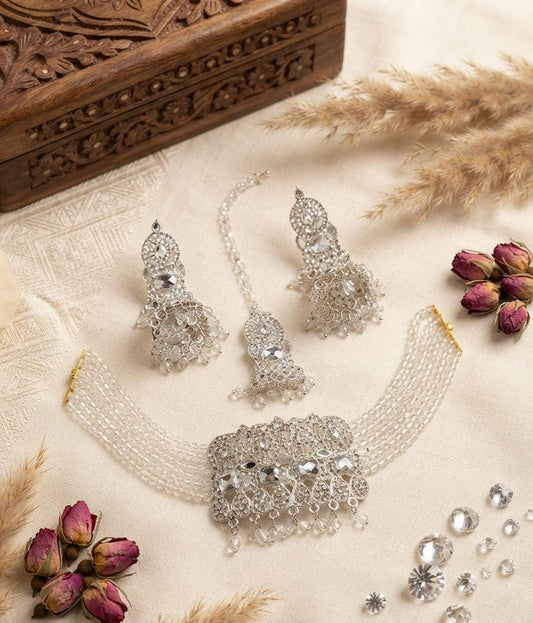 White Crystal Beaded Choker Set with Silver-Tone Jhumka Earrings - Win Bachat