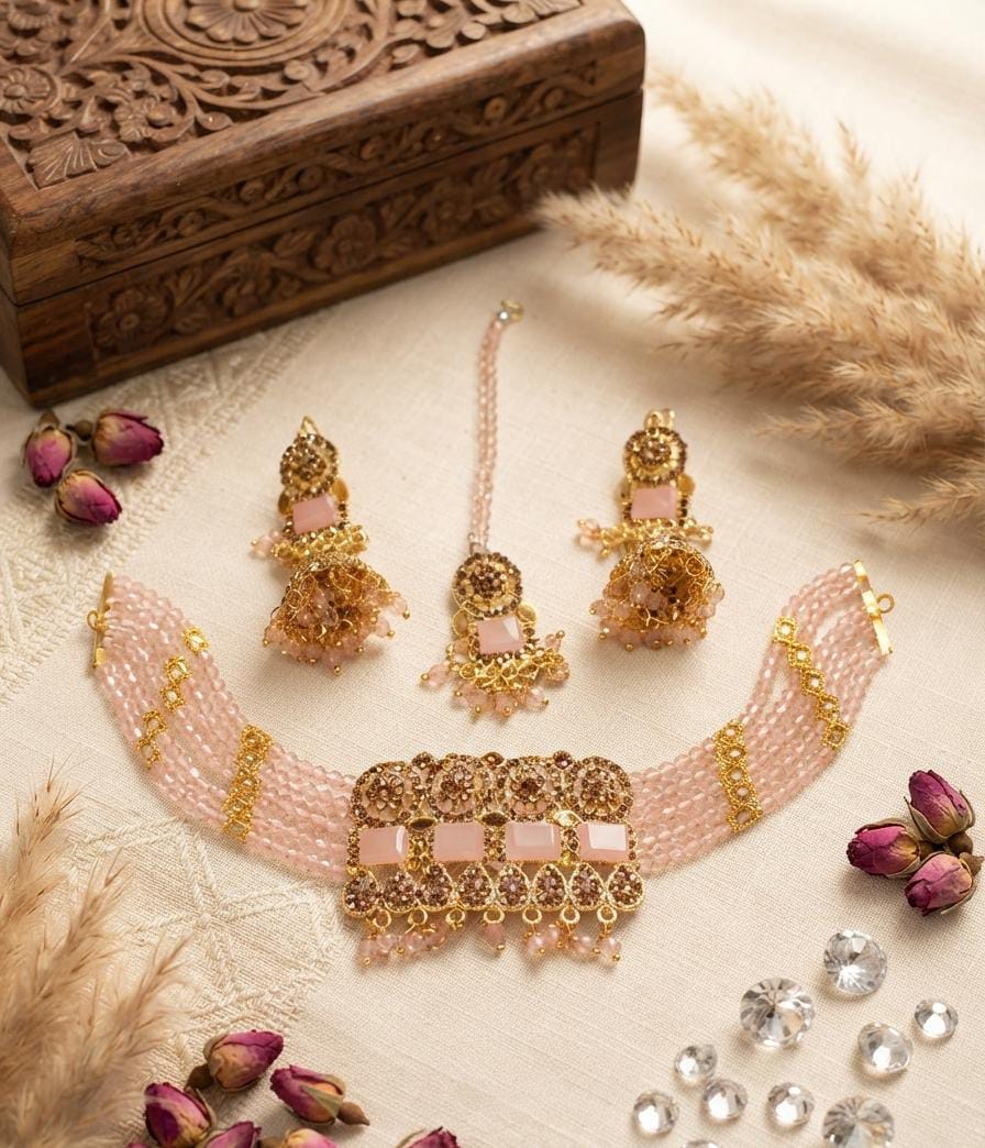 Blush Pink Crystal Stone Beaded Choker Set with Jhumka Earrings & Maang Tikka - Win Bachat