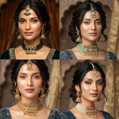 Blush Pink Crystal Stone Beaded Choker Set with Jhumka Earrings & Maang Tikka - View 4 - Win Bachat