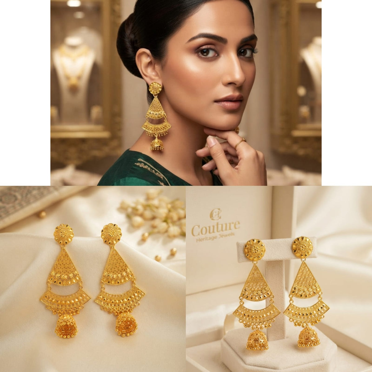 Gold-Tone Filigree Chandelier Jhumka Earrings - View 2 - Win Bachat