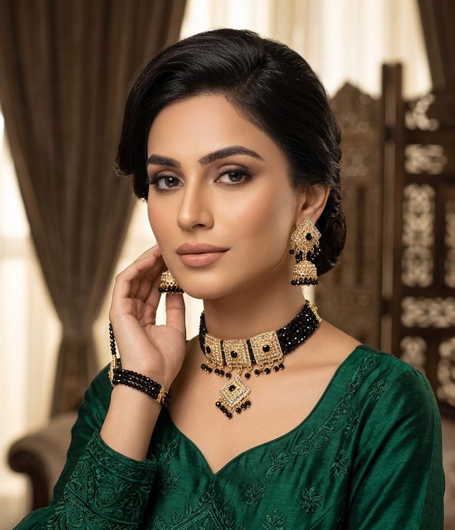Black Beaded Choker & Jhumka Jewellery Set with Maang Tikka - View 3 - Win Bachat