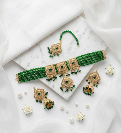 Emerald Green Beaded Choker Set with Jhumka Earrings & Maang Tikka - Win Bachat