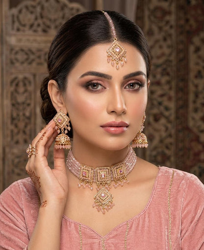 Blush Pink Beaded Choker & Jhumka Jewellery Set with Maang Tikka - Win Bachat
