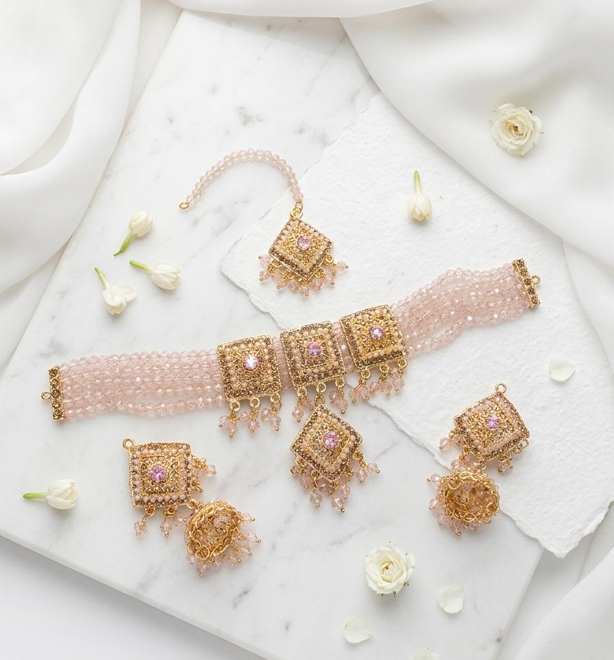 Blush Pink Beaded Choker & Jhumka Jewellery Set with Maang Tikka - View 2 - Win Bachat