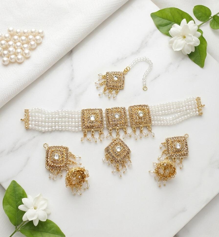 White Pearl Beaded Choker Set with Jhumka Earrings & Maang Tikka - View 2 - Win Bachat