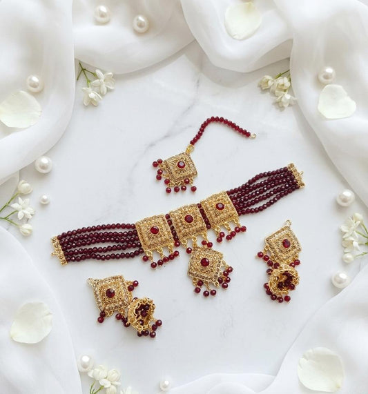 Maroon Beaded Choker Set with Jhumka Earrings & Maang Tikka - Win Bachat