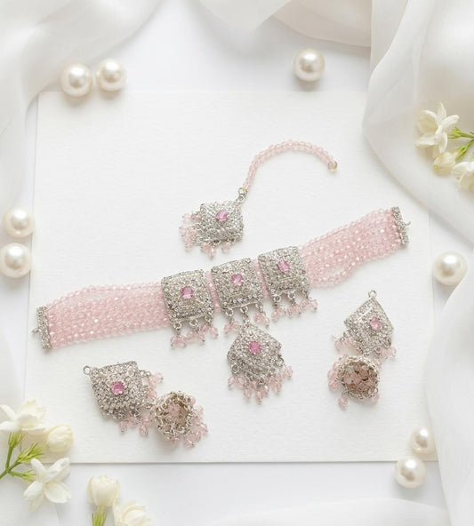 Pink Crystal Beaded Silver-Tone Choker Set with Jhumka Earrings - Win Bachat