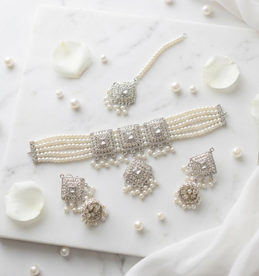 White Pearl Silver-Tone Choker Set with Jhumka Earrings & Maang Tikka - Win Bachat