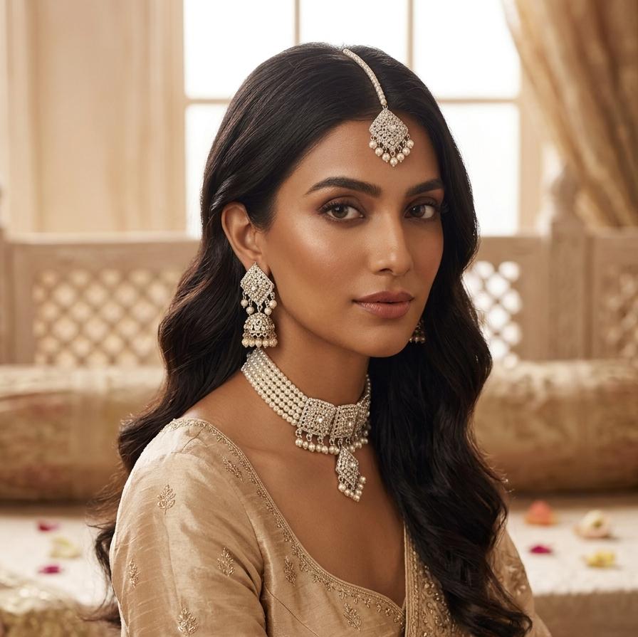White Pearl Silver-Tone Choker Set with Jhumka Earrings & Maang Tikka - View 2 - Win Bachat