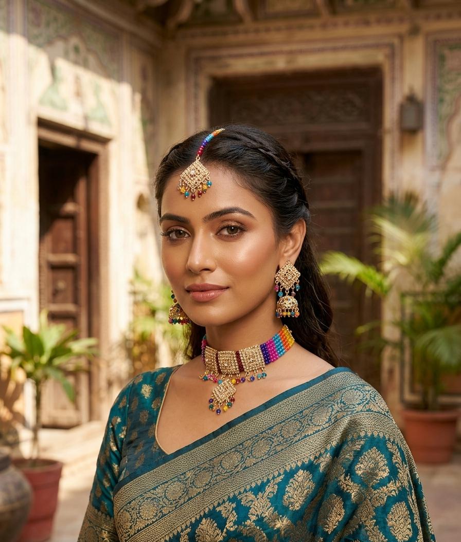 Multicolour Beaded Choker Jewellery Set with Jhumka Earrings & Maang Tikka - Win Bachat