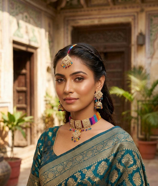 Multicolour Beaded Choker Jewellery Set with Jhumka Earrings & Maang Tikka - Win Bachat