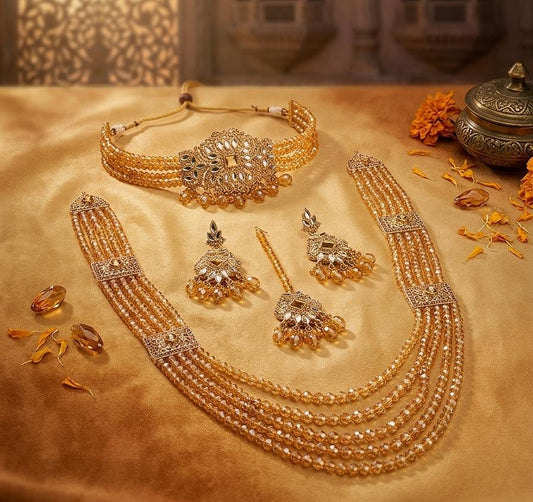 Gold-Tone Layered Beaded Bridal Necklace Set with Choker - Win Bachat