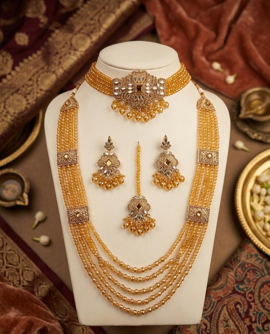 Gold-Tone Layered Beaded Bridal Necklace Set with Choker - View 2 - Win Bachat