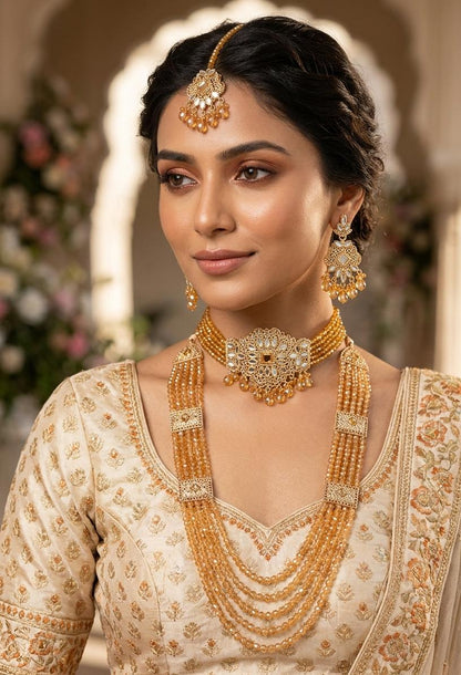 Gold-Tone Layered Beaded Bridal Necklace Set with Choker - View 3 - Win Bachat