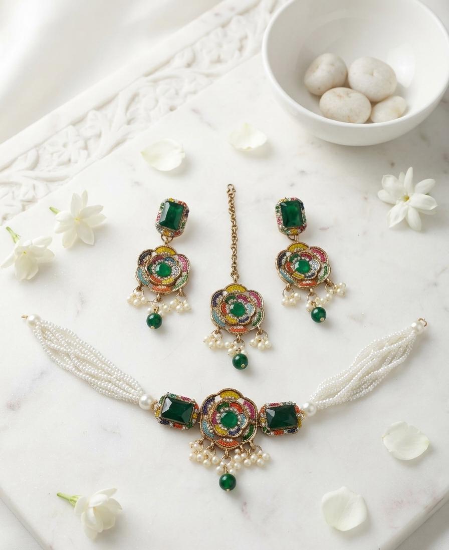 Emerald Green Floral Pearl Choker Set with Earrings & Maang Tikka - Win Bachat