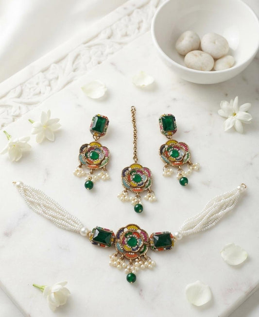 Emerald Green Floral Pearl Choker Set with Earrings & Maang Tikka - Win Bachat