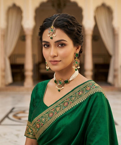 Emerald Green Floral Pearl Choker Set with Earrings & Maang Tikka - View 2 - Win Bachat