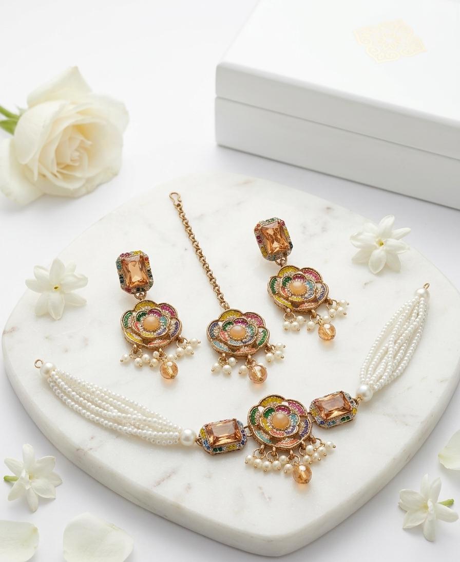 Champagne Floral Pearl Choker Set with Earrings & Maang Tikka - Win Bachat