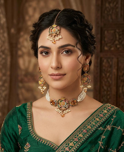 Champagne Floral Pearl Choker Set with Earrings & Maang Tikka - View 2 - Win Bachat