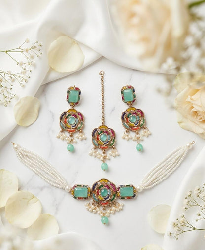 Mint Green Floral Pearl Choker Set with Earrings & Maang Tikka - Win Bachat