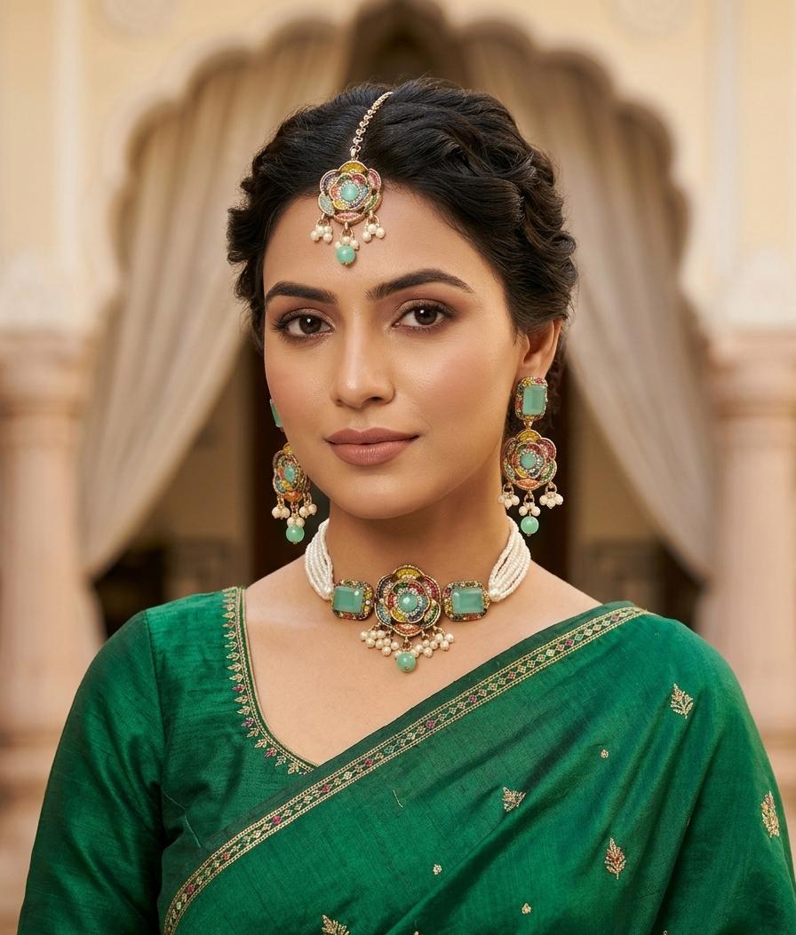 Mint Green Floral Pearl Choker Set with Earrings & Maang Tikka - View 2 - Win Bachat