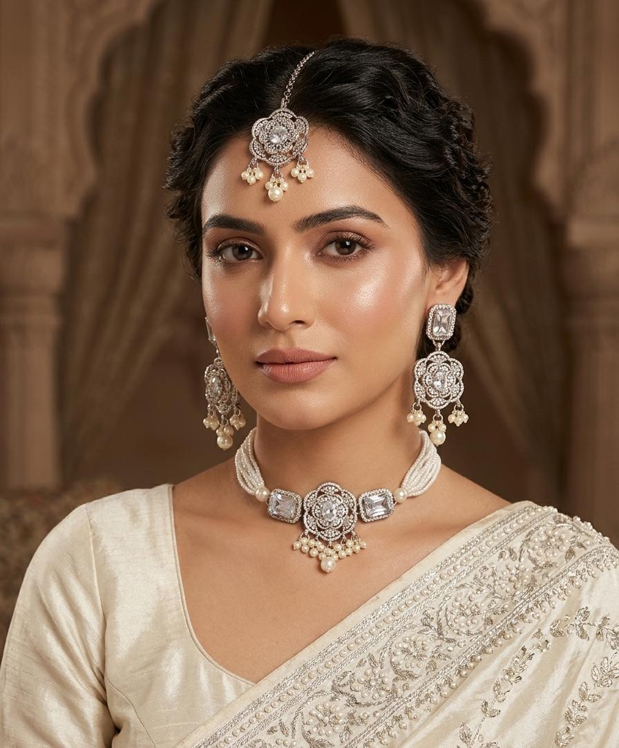 Silver-Tone Crystal Floral Pearl Choker Set with Earrings & Maang Tikka - Win Bachat