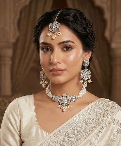 Silver-Tone Crystal Floral Pearl Choker Set with Earrings & Maang Tikka - Win Bachat