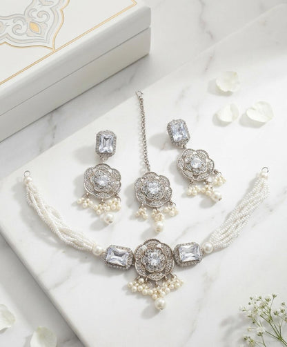 Silver-Tone Crystal Floral Pearl Choker Set with Earrings & Maang Tikka - View 2 - Win Bachat