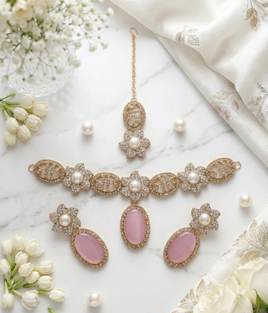 Blush Pink Oval Stone Gold-Tone Floral Choker Set - Win Bachat