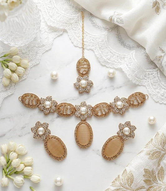 Champagne Oval Stone Gold-Tone Floral Choker Set - View 2 - Win Bachat