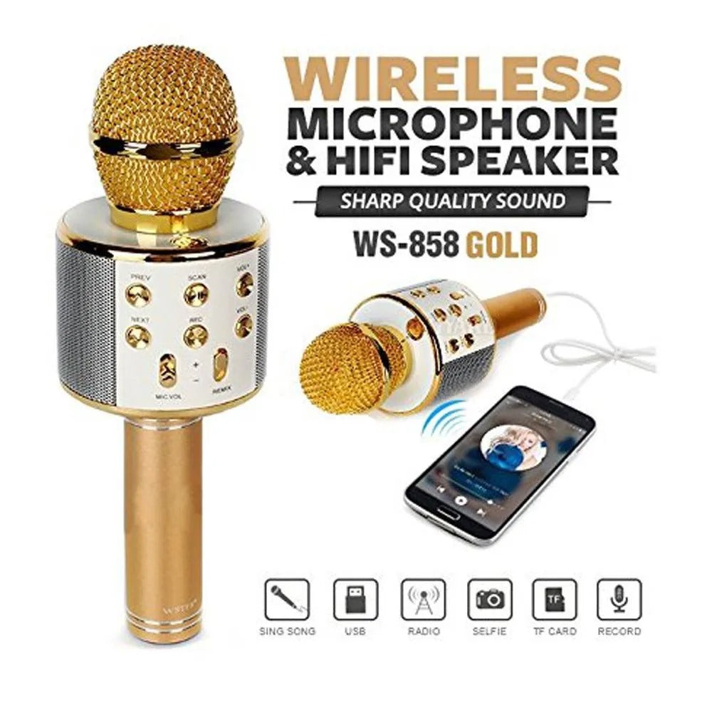 WS-858 Gold Wireless Karaoke Microphone & Hi-Fi Speaker - Win Bachat