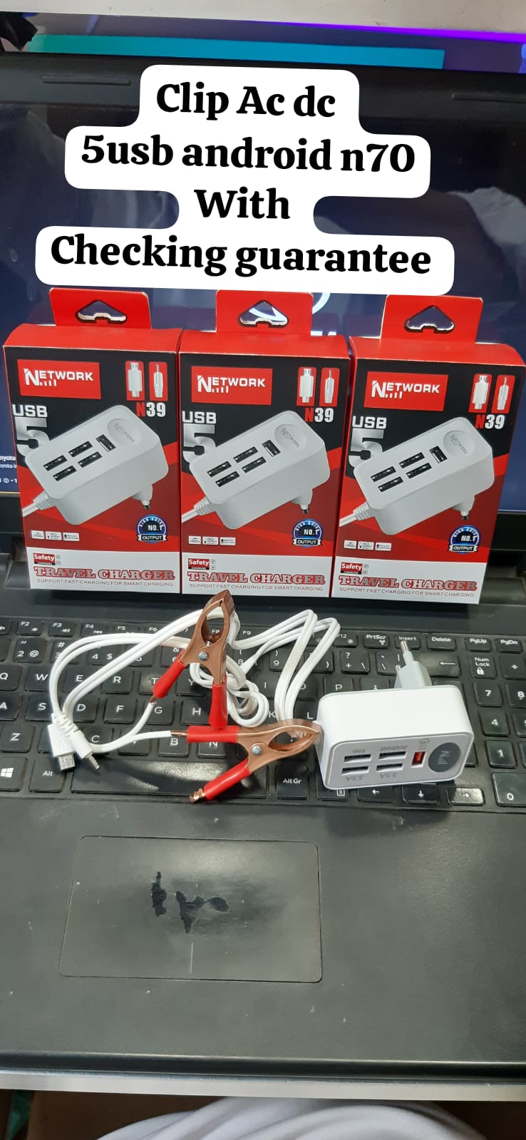 Network N39 5-Port USB AC/DC Travel Charger with Android Cable & Battery Clips - Win Bachat