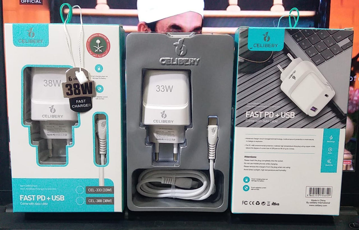 Celibery CEL-333 / CEL-388 Fast PD + USB Charger with Charging Cable – 33W/38W - Win Bachat